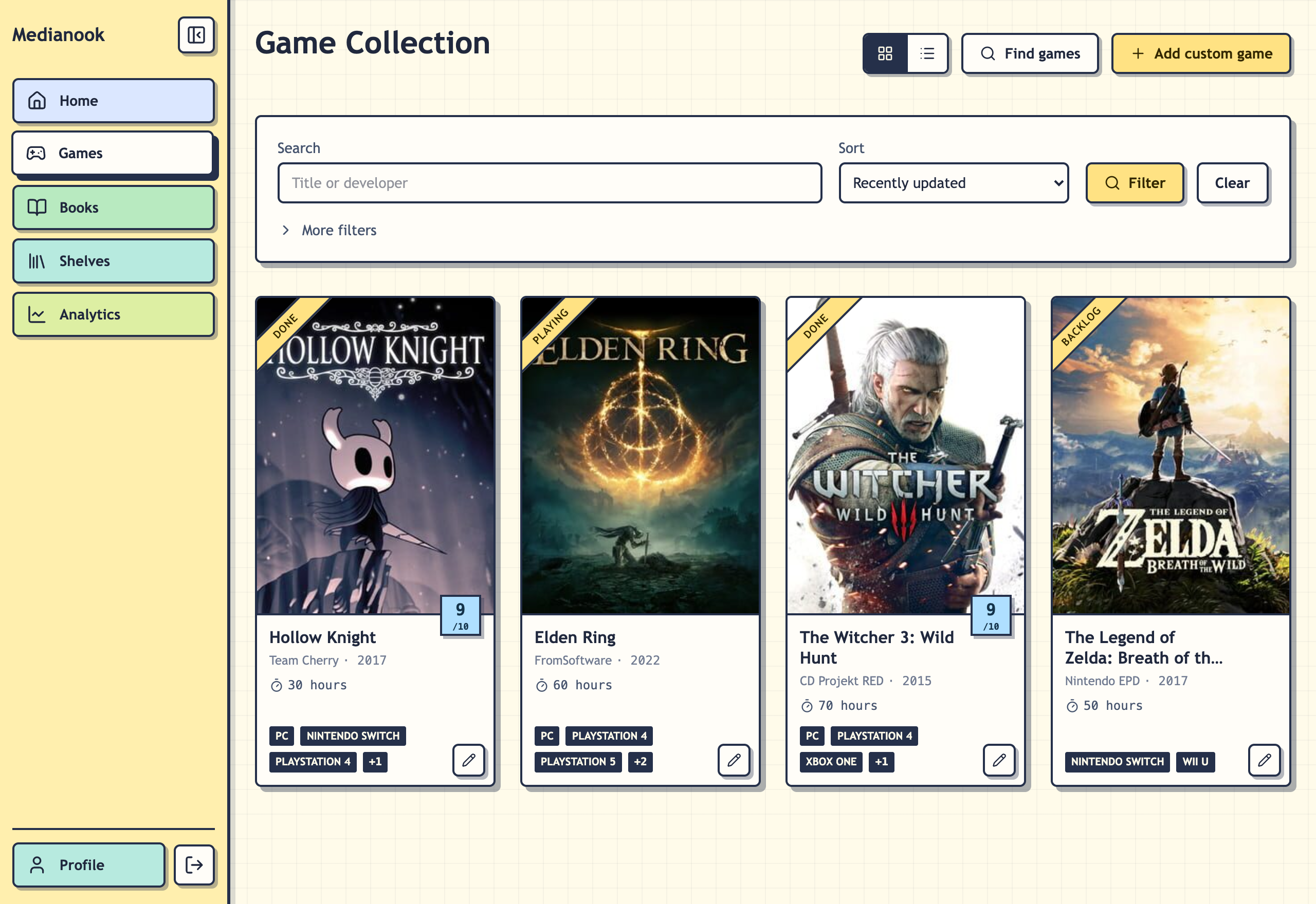 The Medianook games collection — a grid of game cards with covers, statuses and ratings
